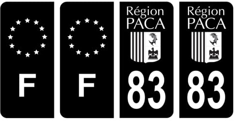HADEXIA Nummernschild-Aufkleber, französisches Departement 83, Var Alt, Region PACA, Schwarz und F, Frankreich, 4 Stück