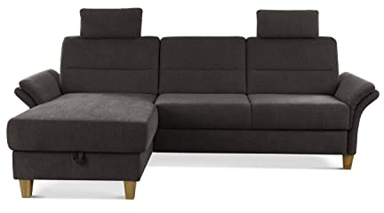 CAVADORE Schlafsofa Wyk mit Federkern / Ecksofa im Landhaus-Stil mit Longchair, Bett, Bettkasten, Armteilfunktion + 2 Kopfstützen / 252 x 90 x 162 / Chenille, Braun