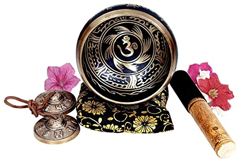Große tibetische Peace Mind Sound Klangschale Tingsha Becken Set – mit Schlägel und Kissen, zusätzliche Geschenke im Inneren – für Yoga, Meditation, buddhistisches Gebet und Chakra-Heilung