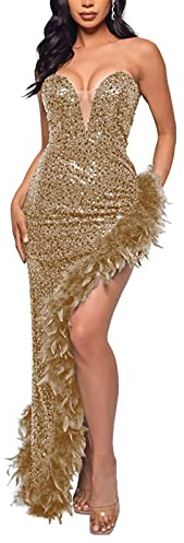 TOSHIKII Abito da Donna Aderente con Spacco Alto in Piume di Paillettes Abito Lungo Senza Spalline con Scollo a V Glitterato Lucido Plus Size