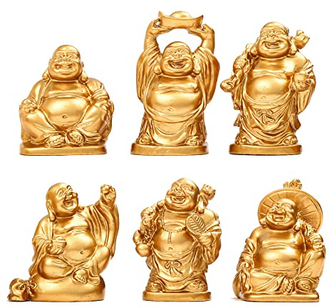 STCREE Resin Fesng Shui Laughing Buddha Statues Gold Lucky Happy Maitreya Statue 5.5cm(H) Desk Flower Pot Decoration Collectible Gift 6pcs TQGJST3