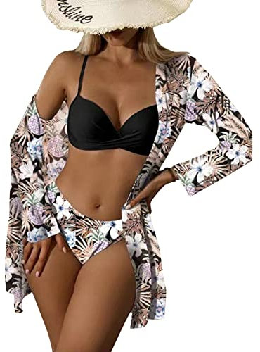 Litthing Damen Bikini Set mit Schalbluse, Push up Verstellbar Crossover Ties-up Neckholder Bikinioberteil Gedruckt High Waist Bikini Bademode Bauchweg Swimsuit, Schwarz