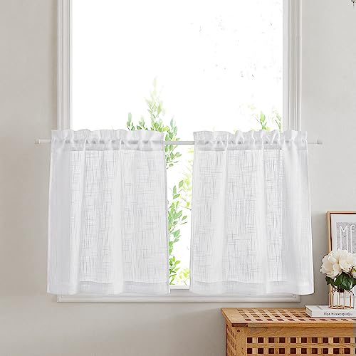 PONY DANCE Scheibengardinen Kurz Leinenoptik Gardinen Weiss Halbtransparent Fenstergardinen 2er Set B 60 x H 45 cm Küchengardinen Fenster Kurzgardinen mit Stangedurchzug Dekoration