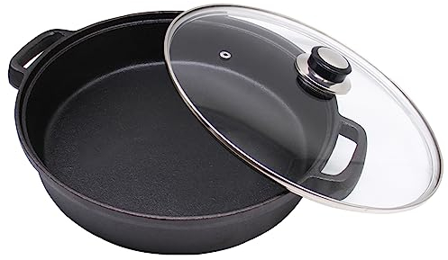 Opexscal Cast Iron Skillet with Tempered Glass Lid, 12-Inch Double Handled Cast Iron Deep Frying Pan with Lid for Kitchen and Camp