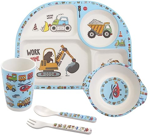 Kids Feeding Set 5 Pcs, Tableware Set for Toddlers Includes Plate Bowl Cup Fork and Spoon Utensil Flatware, Kids Flatware Set Dishwasher Safe, BPA Free (Construction)