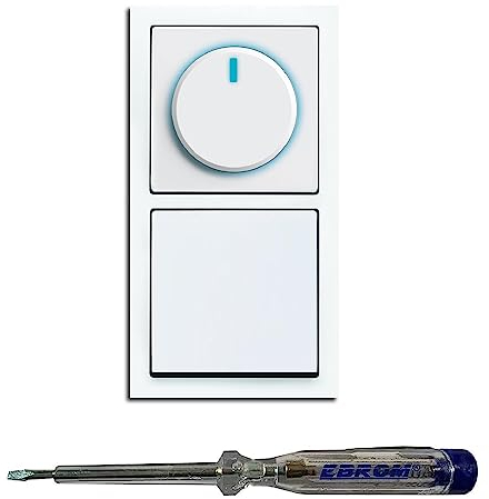 Busch Jäger 6523U-102 LED Drehdimmer Dimmer + Scheibe 6540-84-102 und Lichtschalter 2000/6 US in Future Linear Studioweiß glänzend inklusive EBROM Phasenprüfer zur Montage der Geräte (6523 U – 102)