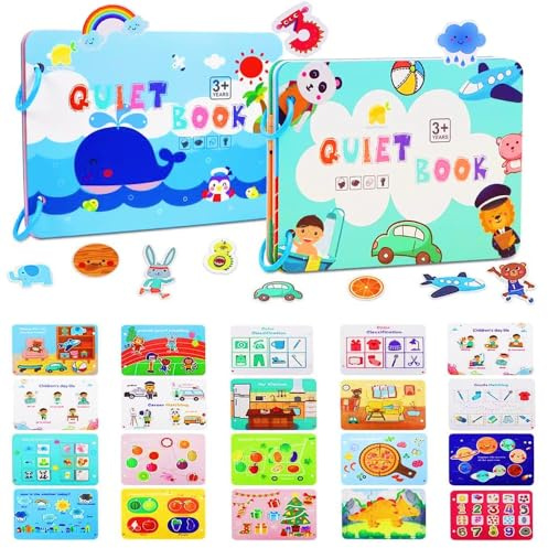 Yeahbo Quiet Book Busy Book ab 2 Jahre, Montessori Spielzeug ab 2 3 4 5 Jahre, 2PCS Motorik Lernspiele Kinder Einschulung Spiele ab 2-5 Jahren, Spielzeug Geschenk Jungen Mädchen 2 3 4 Jahre