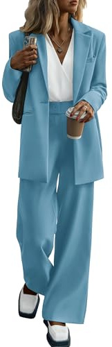 PRETTYGARDEN Womens Fall Two Piece Suit Sets Blazer Jacket and Wide Leg Pants Pockets Business Casual Outfits (Lake Blue,Medium)