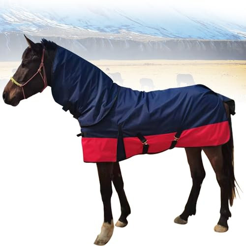 KLUFO Pferdedecke - 1200D Ripstop High Neck Medium Weight wasserdichte Pferdeweidedecke - Abnehmbares Nackenlätzchen - Marineblau & Rosa - L
