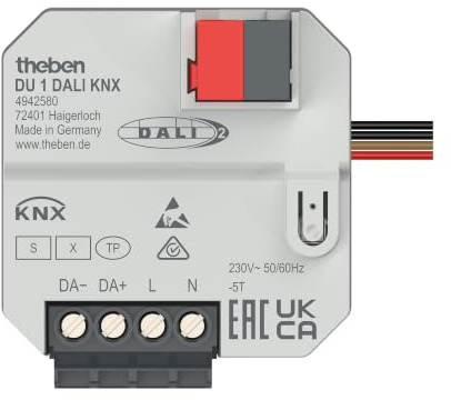 Theben 4942580 DU 1 DALI KNX Unterputz-DALI-Aktor1-fach DALI-2 Secure | UP, DALI-2 zertifiziert, bis 30 EVGs (Broadcast), RGB, RGBW, Tunable White, KNX TP, DT-8, 2 Binäreingänge, KNX Data Secure