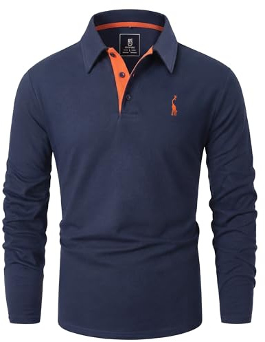 GLESTORE Polo Homme Manches Longues Polos Golf T-Shirt Broderie Girafe Casual Coton Shirt Bleu Marine XXL