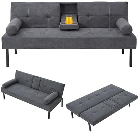 Panana Click Clack Sofa Bed Linen Fabric 3 Seater Sofa Couch Living Room/Spare Room/Guest Room Bed Settee With Cup Holders, Gray