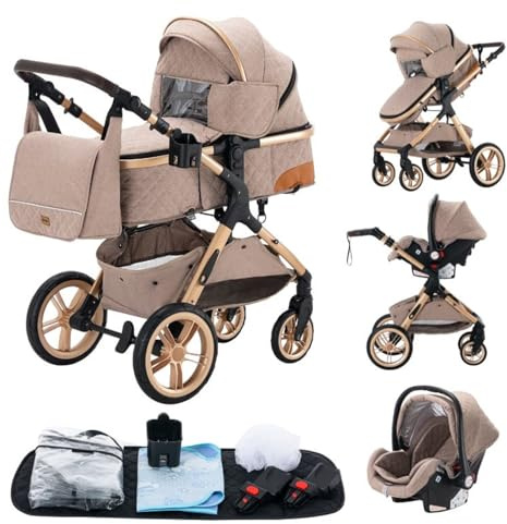 Passeggino 3 pezzi, passeggino, passeggino 3 in 1, passeggino pieghevole, pneumatici in gomma, con accessori, Gondola, Adaptateurs, 25 kg (XX1 Cachi)…
