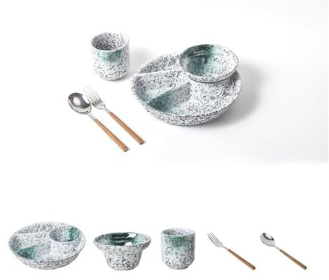 Plato dividido de cerámica con cuenco de sopa y cuchara/tenedor, plato de sopa y sándwich, taza de sopa de 11.5 onzas para cereales, plato de pasta duradero para aperitivos, postres y arroz
