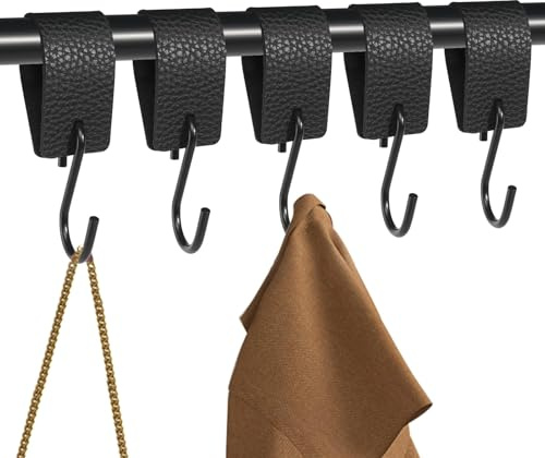 BELIHOME S krok, svart med läderslinga, 5 stycken krokar, garderobskrokar, klädkrokar, metallkrokar, multifunktionskrokar med läderslinga, campingkrokar för garderob, klädstång, kök, badrum