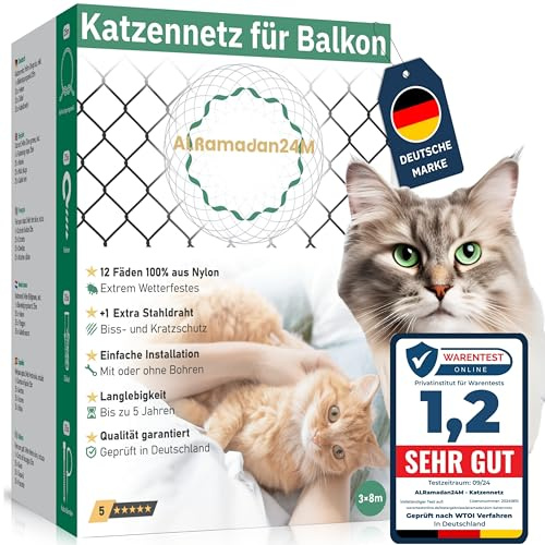 ALRamadan24M® - Red para gatos para balcón – 3 x 8 m en verde oliva extra reforzado con alambre, red de protección para gatos con/sin agujeros, red de ventana para balcón, red de protección para