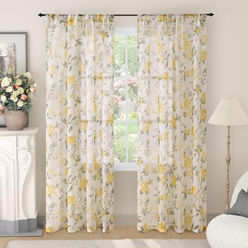 Lajode Floral Sheer Curtains for Bedroom Window 72 Inch Length 2 Panels, Farmhouse Light Filtering Privacy Patterned Semi-Sheer Linen Curtains for Living Room Rod Pocket, Yellow, Each 52 Inch Wide
