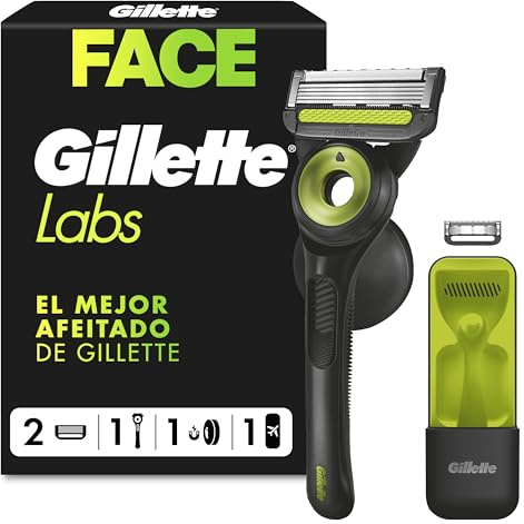 GilletteLabs Maquinilla de Afeitar Neon Night Edition, 1 Mango de Metal con Barra Exfoliante Integrada, 2 Cuchillas de Recambio con Banda Lubricante, 1 Estuche de Viaje, 1 Colgador de Pared