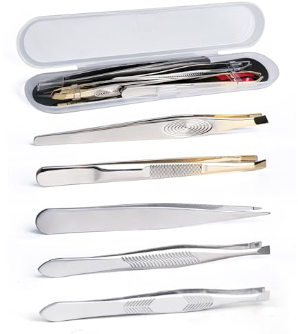 MEGAVOW 5 Piezas Pinza de Depilar para Cejas Profesionales, Portátil Acero Inoxidable Pinzas, Pestañas, Vellos Encarnados, Barba Mujeres y Hombres