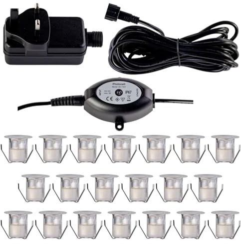 Set of 20 - 30mm IP67 Warm White LED Decking Kit with Photocell