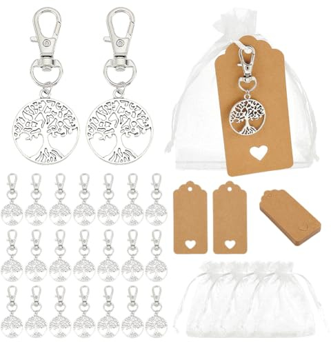 PH PandaHall 24 Set di Portachiavi Albero della Vita Bomboniere Sacchetti Regalo in Organza Portachiavi Albero Argentato Piccoli Sacchetti a Rete con Etichette Vuote per Feste Anniversari Compleanni