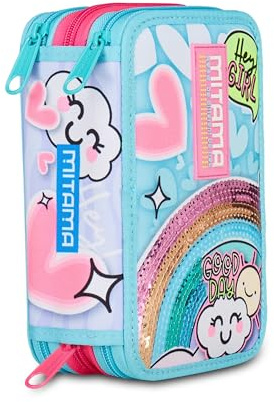 MITAMA Federmäppchen für die Schule mit 3 Fächern, Super Triple Rainbow Love, Inhalt 47 Stück, komplett mit Bleistiften, Filzstiften, Stifteköcher für die Grundschule für Mädchen, himmelblau, Modern