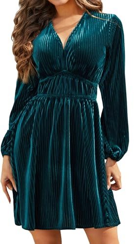 R.Vivimos Womens Velvet Striped Elastic High Waist Mini Dress, Teal, Medium | 2026 Fall Winter, Long Sleeve V Neck, Elegant Casual A-Line Dress, Cocktail Party, Office, Christmas, Wedding Guest Dresses