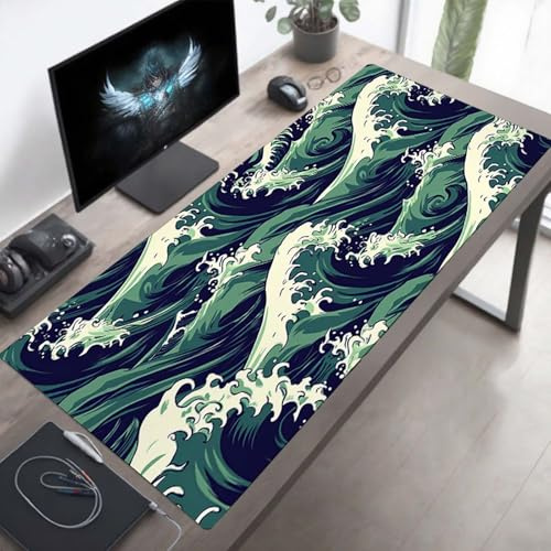 YEYUMEOZ Mauspad, 700x300x3mm Gaming Mauspad XXL Blau, Große Mouse PadMeereswellen, Wasserdicht rutschfeste Gummibasis, Genähte Kanten, Verbessert Präzision und Geschwindigkei PjY4262 R-Z