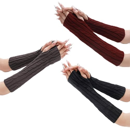 JNYUTEEN 3 Pares de Manguitos para Mujer, Guantes sin Dedos de Punto en 3 Colores, Manguitos de Brazo y Mano Tejidos Calentadores para Mujeres y Hombres