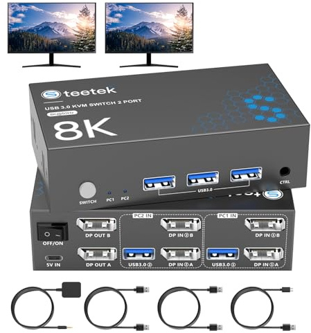 Hearvo 8K@60Hz KVM Switch 2 Monitors 2 Computers DisplayPort, USB3.0 KVM Switches, 4K@120Hz Dual Monitor for 1 Set of Keyboard Mouse Printer and U Disk with EDID Adaptive 2 USB Cables -S7230P2