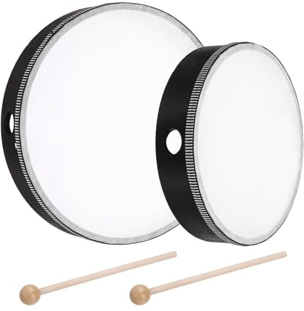 QUARKZMAN 2 Pcs Tamburo A Mano Percussione Musicale 10 Pollici & 8 Pollici Set Tamburo Con Cornice In Legno Con Bacchetta Strumento Musicale Per Educazione Musicale Feste Domestiche (Nero)