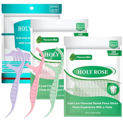 Holy Rose Dental Floss Picks 300 Count, Dual-Line Flossers Sticks, Minty Flossing Toothpick 1 Bag 100 Pieces, 3-Color Set More Suitable for Teeth Cleaning