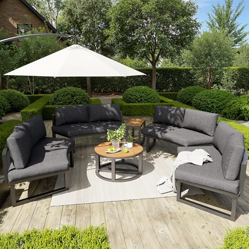 A ALFRESCOOL Gartenlounge Outdoor, Gartenmöbel-Set, Lounge Möbel Outdoor, Rundes Sofa, für 4-6 Personen, mit Grauen Sitzpolstern & Kissen, 3 Tische, Verstellbare Beine, 288×60×77cm (Grau)