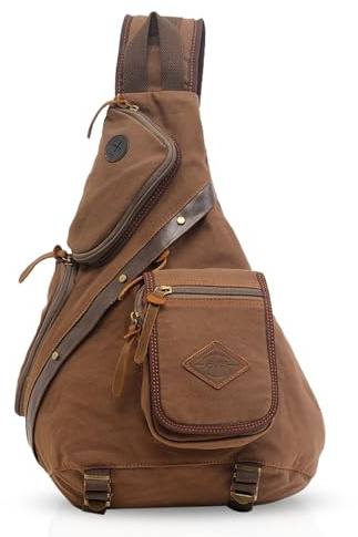 FANDARE Retro Chest Bag for Men - Women's Canvas Sling Bag - Shoulder Bag - Shoulder Bag for Business, University, School, Cycling, Camping, Travel, Brown, L, Leisure Backpack