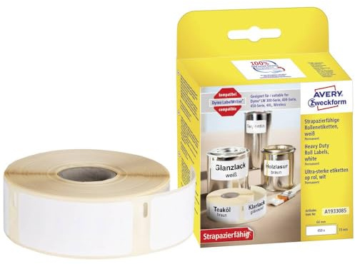 AVERY Zweckform A1933085 Dymo LabelWriter wetterfeste Etiketten kompatibel zu 1933085 (19x64mm, 1 Rolle|450 Kunststoff Aufkleber, selbstklebend, für LW Dymo Etikettendrucker, Beschriftungsgerät)