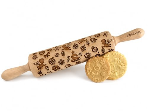 WEIHNACHTSGESCHENKE Nudelholz mit Muster Weihnachten Backen - Teigroller Holz für DIY Weihnachten Plätzchen und Keramik - Graviert Plätzchenrolle mit Motiv - 3D Plätzchen Roller von Algis Crafts