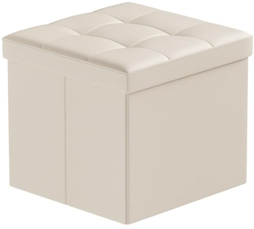 BRIAN & DANY Pouf Contenitore Pieghevole, Puff Poggiapiedi Quadrato in Cuoio Sgabello Contenitore per Divano Camera da Letto, Beige, 38 x 38 x 38cm