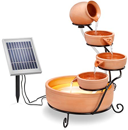 esotec Solar Kaskadenbrunnen Lucca aus Keramik mit Akku + LED, Gartenliebhaber-Geschenk, Springbrunnen für außen, Gartenbrunnen Wasserspiel, Katzenbrunnen, Zierbrunnen, Terrakotta H=55cm 101304