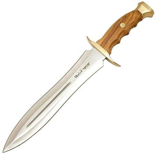 Muela Cuchillo BW-24.OL hoja de acero ACX-380 de 24 cm y empuñadura de madera de olivo para Caza, Pesca, Supervivencia y Bushcraft Realizado en Ciudad Real + Portabotellas de regalo