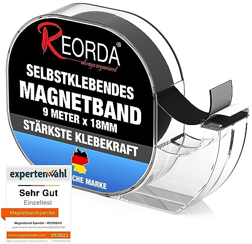 REORDA® Magnetband selbstklebend im Spender (9 Meter) - Magnetstreifen I Magnetklebeband hervorragend für Postkarten, Fotos & Whiteboards geeignet