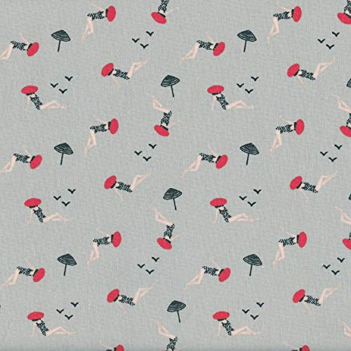 Textiles français Baumwollstoff | Au Bord de la mer - rot, beige rosa und koksgrau (Grundfarbe: hellgrau) - Kollektion Bonnes Vacances | 100% Baumwolle | Stoffbreite: 140 cm (pro Laufmeter)*