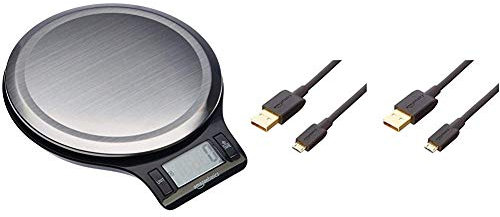 Amazon Basics Balance de cuisine numérique, sans bisphénol A, en acier inoxydable avec affichage LCD (piles fournies) & Câble USB 2.0 A mâle vers micro B (2 lots), 90 cm, Noir