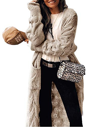 ZIWOCH Women's Long Cardigan Coats Cable Knit Casual Open Front Long Sleeve Loose Sweater with Pockets Beige