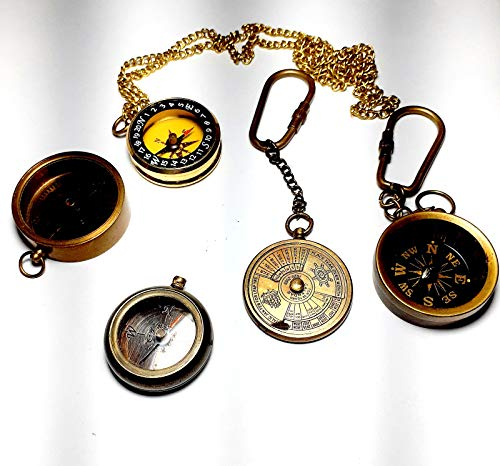 5 Stück schöne handgefertigte Messing-Sonnenuhr-Kompass mit antikem Finish, Taschen-Kompass, Schlüssel-Kinnchen, goldfarben
