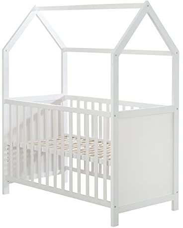 roba Hausbett 60 x 120 cm - FSC zertifiziert - Babybett & Beistellbett für Kinder in Hausoptik - 6-fach höhenverstellbar - Weiß