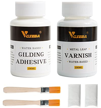 VGSEBA Anlegemilch für Blattmetall, 100 ml Blattgold-Kleber auf Wasserbasis und 100 ml Lack für Bastelarbeiten, Kunstgebrauch (200 ml + 2 Pinsel + 2 Handschuhe)