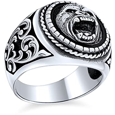 Personalisieren Statement Vintage Stil Dschungel Tier King Kong Ape Ring Kreis Signet Angry Fierce Gorilla Face Ring Für Männer Massive Oxidiert .925 Sterling Silber Handgefertigt In Der Türkei