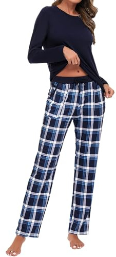Uniexcosm Pyjama Femme Coton Long Ensembles de Femme Hiver Carreaux Col Ronde Manches Longues Pyjama pour Femme avec Poches Latérales