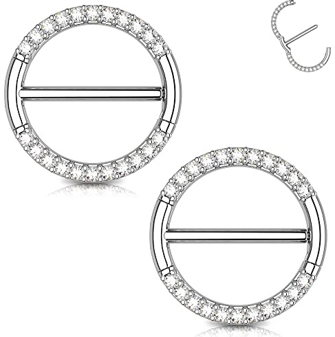 OUFER Téton Anneau de Mamelon en Acier Chirurgical 316L avec CZ Rond Clicker - Barbell Bar Bijoux Courps 14G 14mm