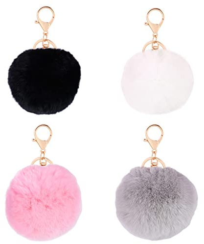 Hoshisea 4 Stück Schlüsselanhänger Plüsch, Künstliche Kaninchenfell Keychain, Schlüsselanhänger Plüsch Pompom, Wird für Autoschmuck, Handtaschen, Schlüsselanhänger verwendet（4 Farben）